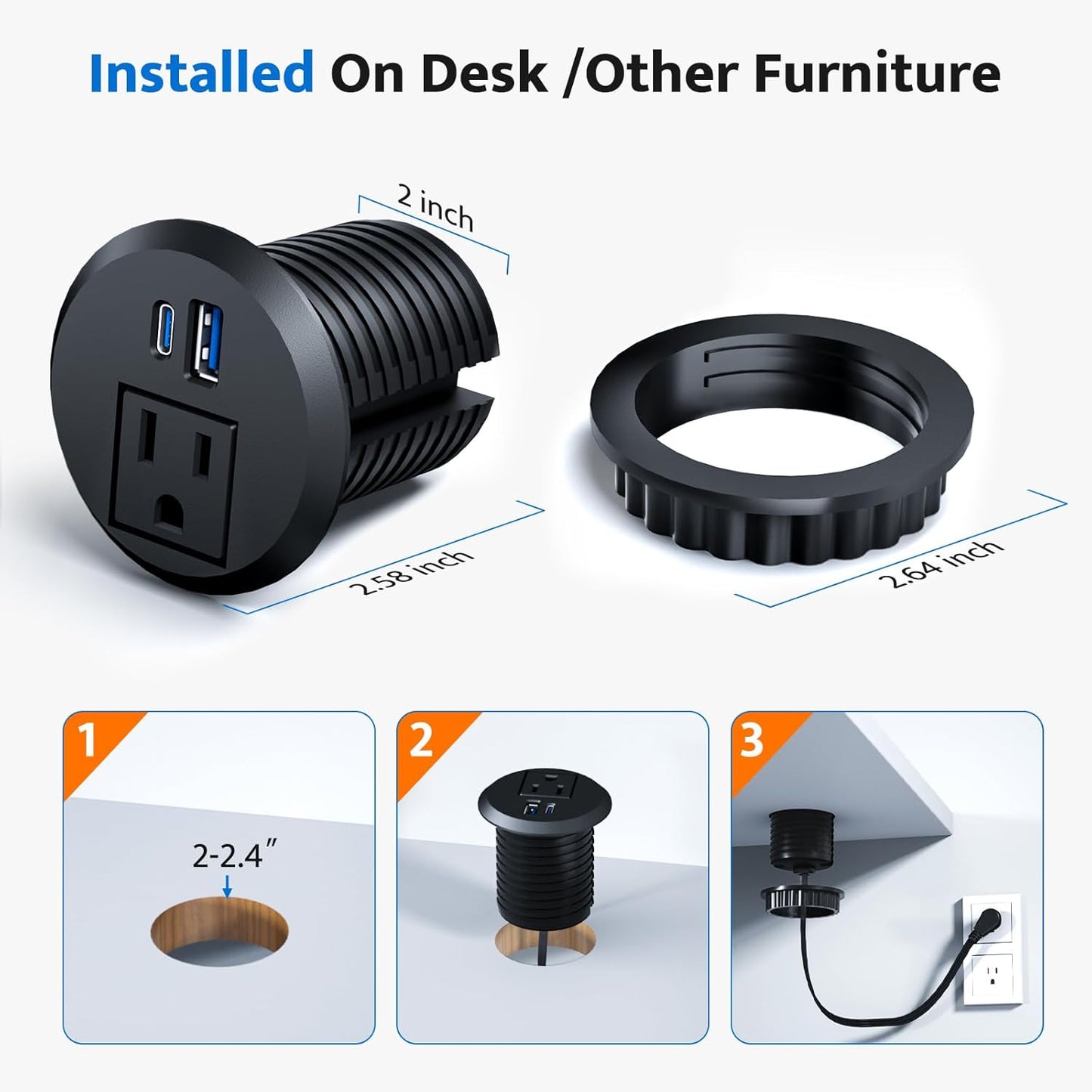 Recessed Power Grommet with 20W USB C Fast Charging, 2 inch Conference Recessed Outlet,Flush Mount for Desk,Office Tables,Furniture,6FT Cord, 45° Thin Flat Plug (Black, Grommet Outlet)