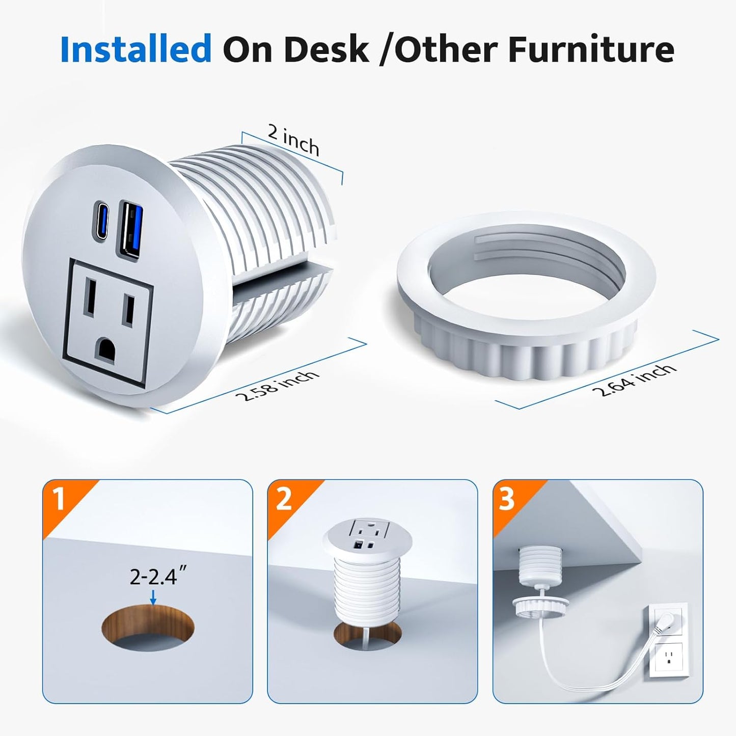Recessed Power Grommet with 20W USB C Fast Charging, 2 inch Conference Recessed Outlet,Flush Mount for Desk,Office Tables,Furniture,6FT Cord, 45° Thin Flat Plug, White