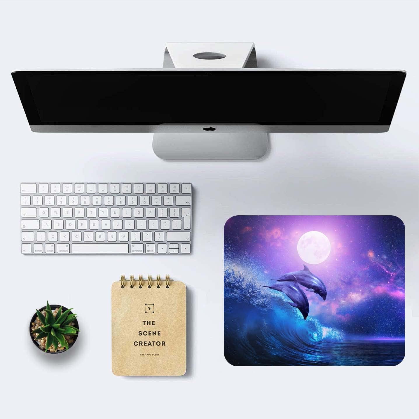 Night Ocean Mouse Pad, Beautiful Dolphins Full Moon Mouse Mat, Waterproof Non Slip Rubber Base, 9.5"x7.9"x0.12" Inch