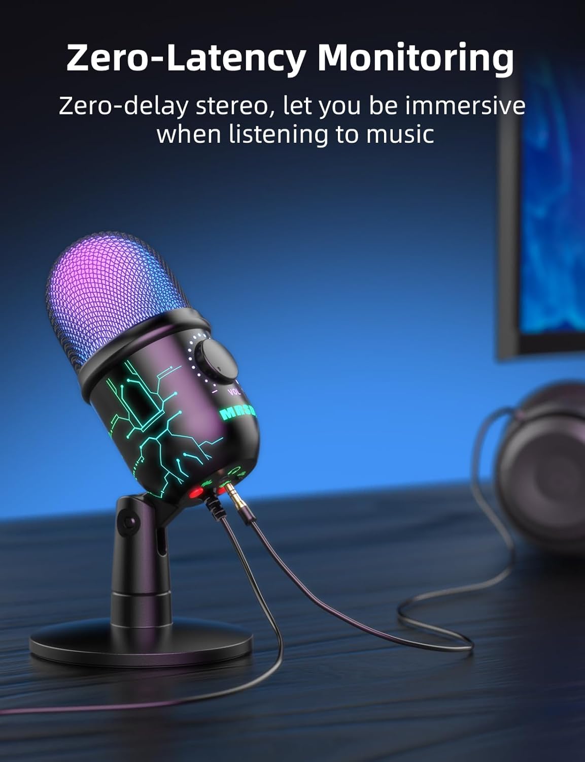 Gaming Microphone, USB Computer Microphone for PC, Mac, PS4/5, Condenser Podcast Mic for Studio Recording, YouTube, Streaming, with Headphone Jack, Led Light, Mute, Gain, Noise Cancellation