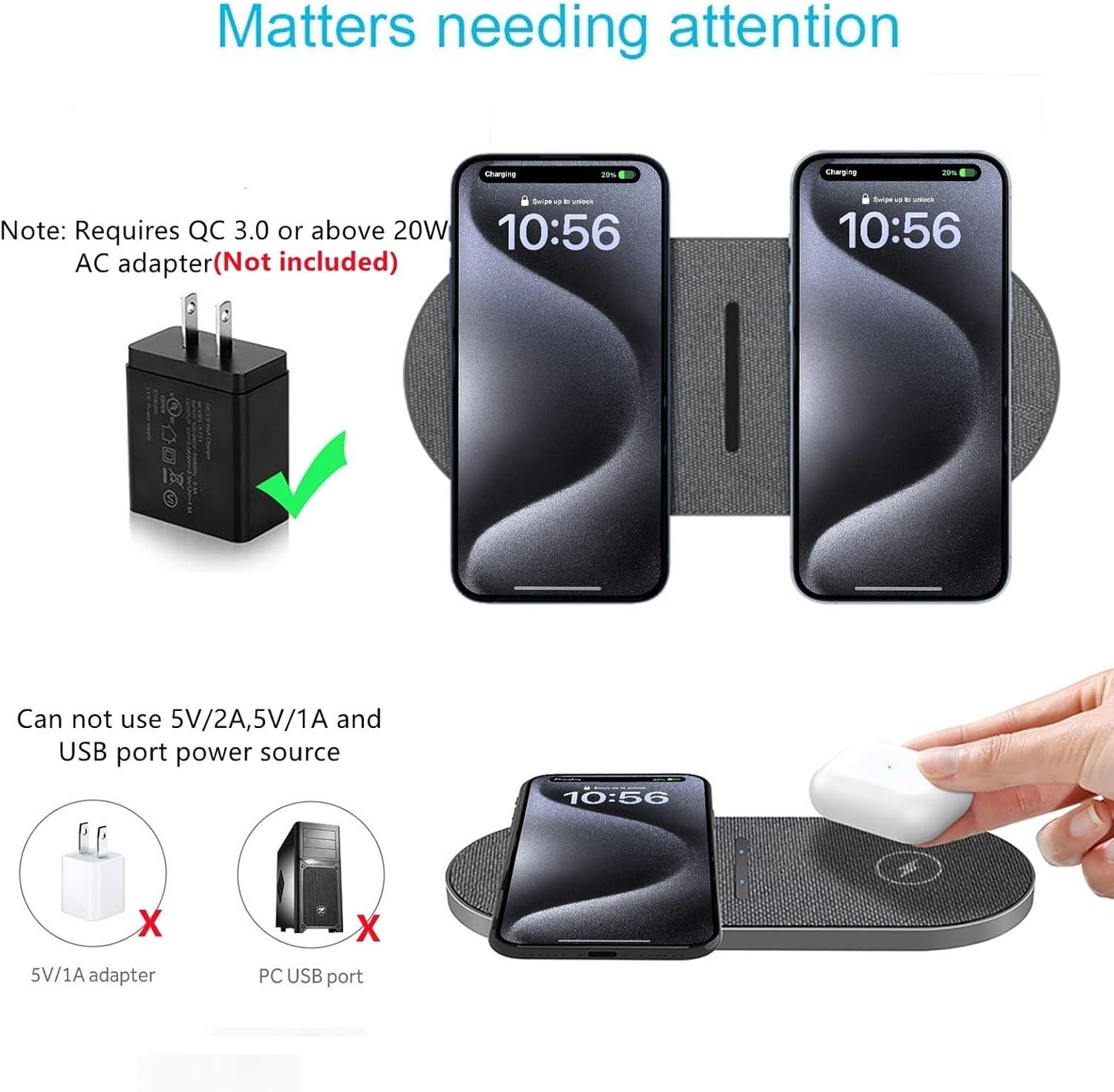 40W Wireless Charging Pad, Dual 20W Fast Wireless Charging Mat for iPhone 16 15 14 13 12 11/Pro/Pro Max/SE/X/XS,Apple Airpods 4/3/Pro,15W Wireless Charger Station for Samsung Galaxy/Note/Bud+