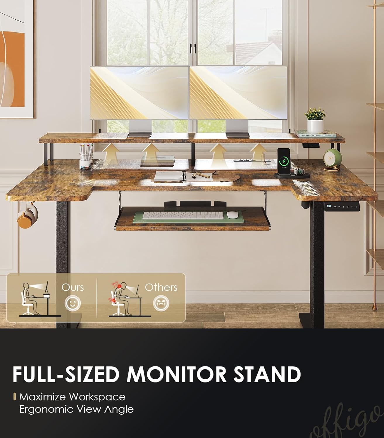 OffiGo U Shaped Electric Standing Desk with Keyboard Tray, 55 Inch Height Adjustable Desk with Power Outlets & LED Lights, Sit Stand Table with Monitor Stand for Home, Office, Rustic Brown