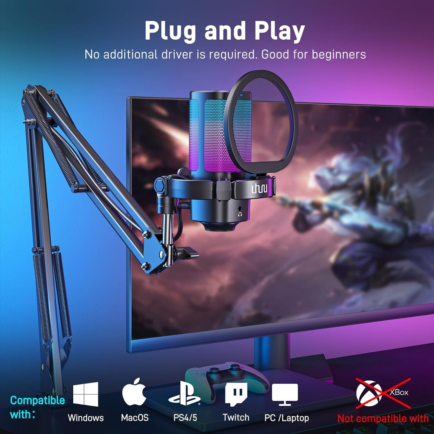 UHURU Gaming USB Microphone for PC, Computer Mic with Controllable RGB for PS4/5 Gamers, Podcast Mic with Boom Arm, Noise Cancellation, Mute Button, Gain Knob for Streaming Discord Twitch-UM2S