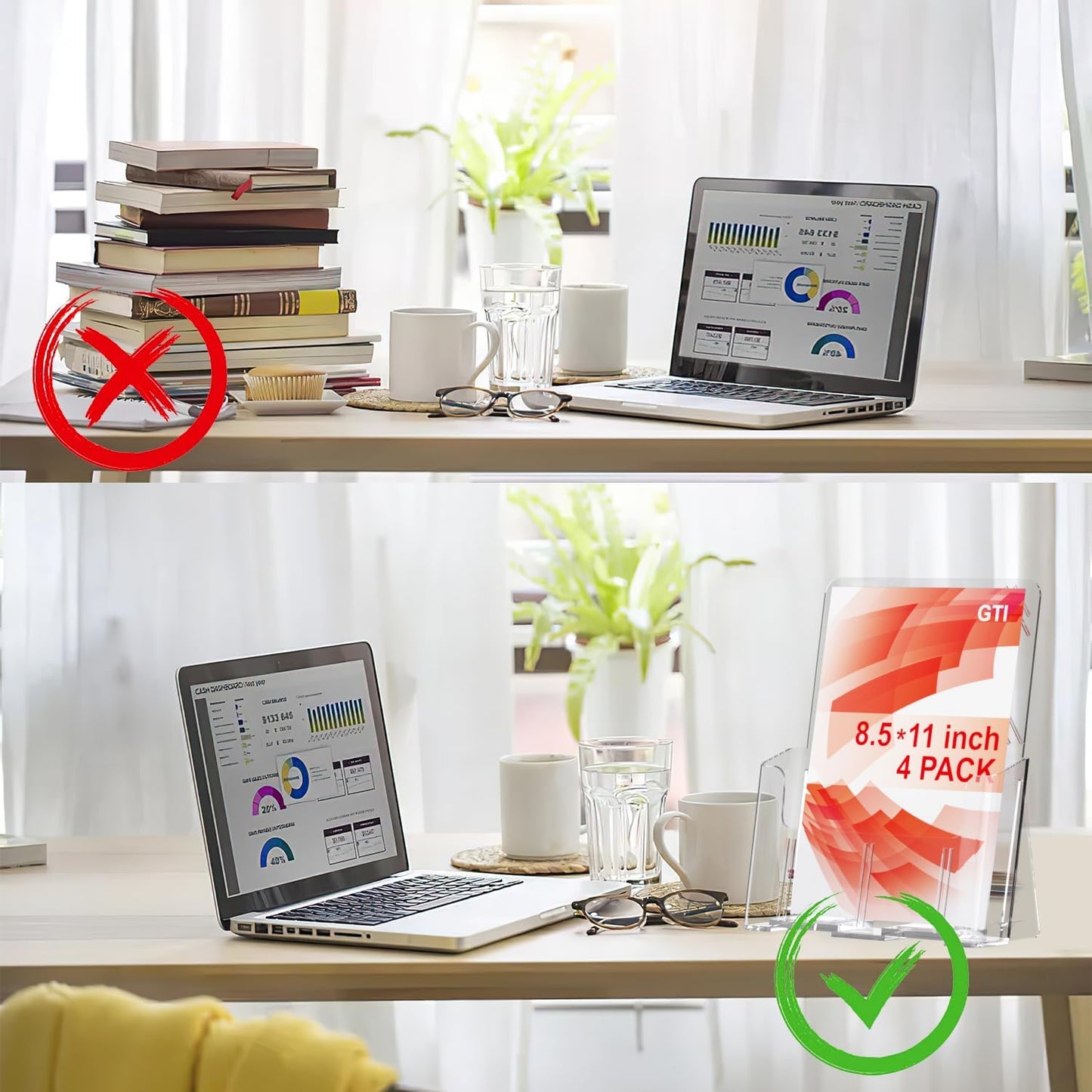 GTI Acrylic Brochure Holder 8.5 x 11 inch, 4 Packs Brochure Display Stand for 4’’ Trifold Pages, Clear Flyer Display Holder for Magazine, Pamphlet, Booklets, Menu,Journals