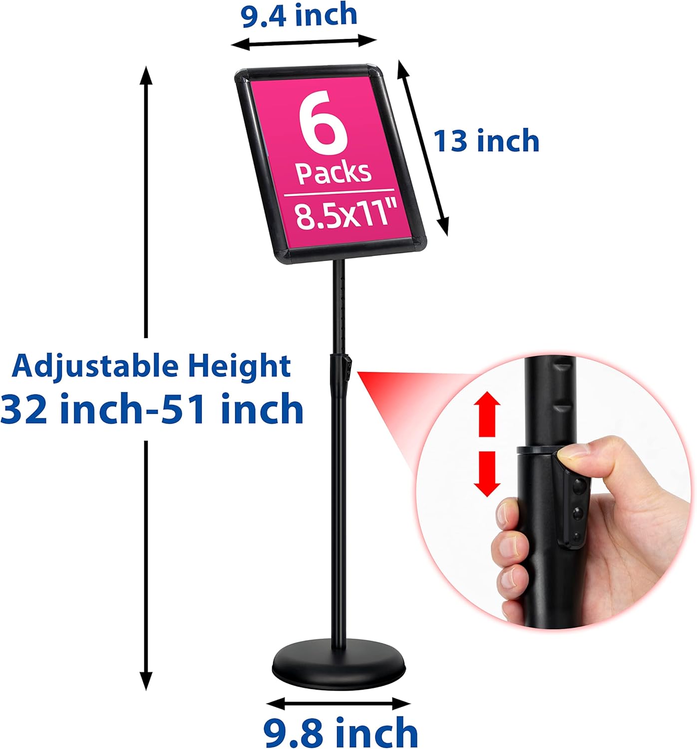 6-Packs Sign Holder Stand for Display 8.5x11 Inch - Adjustable Floor Standing Sign Holder - Pedestal Poster Stand with Vertical & Horizontal View, Indoor/Outdoor Business & Store Signage(Black)