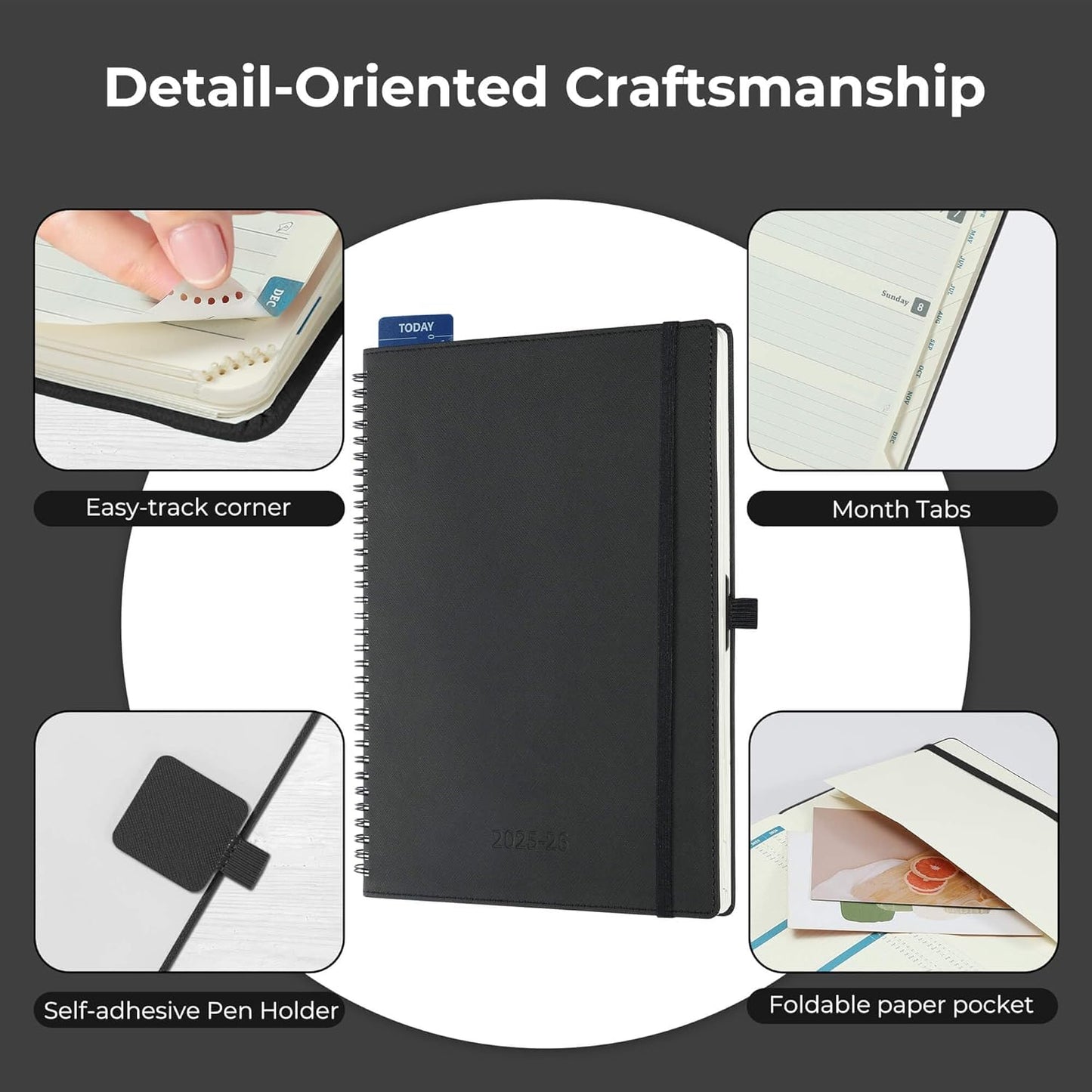 Planner 2025-2026 Daily Weekly and Monthly,11.5"x8.5",18 Months Spiral Bound Calendar Agenda with Self-adhesive Pen Holder,2026 Academic Plan with Vegan Leather Soft Cover,Black