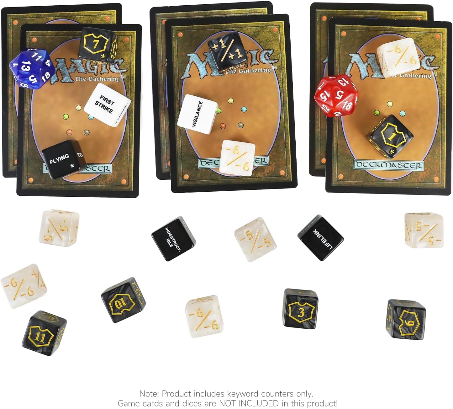 SIXPOINTS 62Pcs MTG Dice Counters Plus 1 Tokens Marble D6 Abilities Keywords Dice Creature Stats Buff Tokens 6 Sided & D20 Dice Set for Magic The Gathering, MTG, TCG, Card Games Accessories