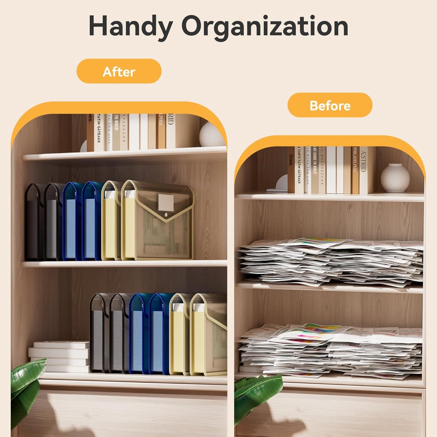 ABC life 6 Pack Plastic Expanding File Folder, Transparent envelopes with Snap Closure, No Dividers, Large Capacity, Assorted Colors, Fit Letter/A4 Size (Black+Blue+Tea Grey)