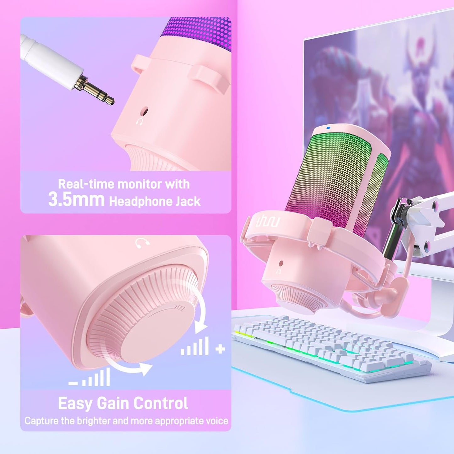 UHURU Gaming USB Microphone for PC: Streaming Computer Mic with Noise Cancellation - Condenser Mic with Controllable RGB for Gaming Streaming