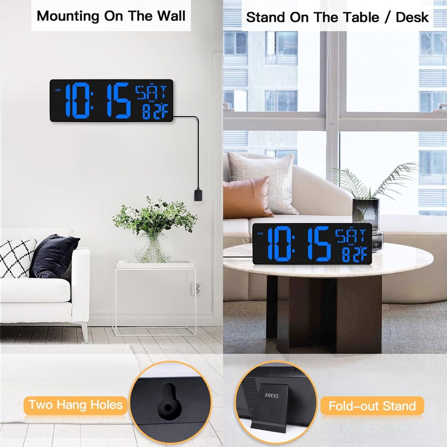 XREXS Large Digital Wall Clock with Remote Control, 16.5 Inch LED Large Display Count Up & Down Timer, Adjustable Brightness Plug-in Alarm Clock with Day/Date/Temperature for Home, Gym, Office