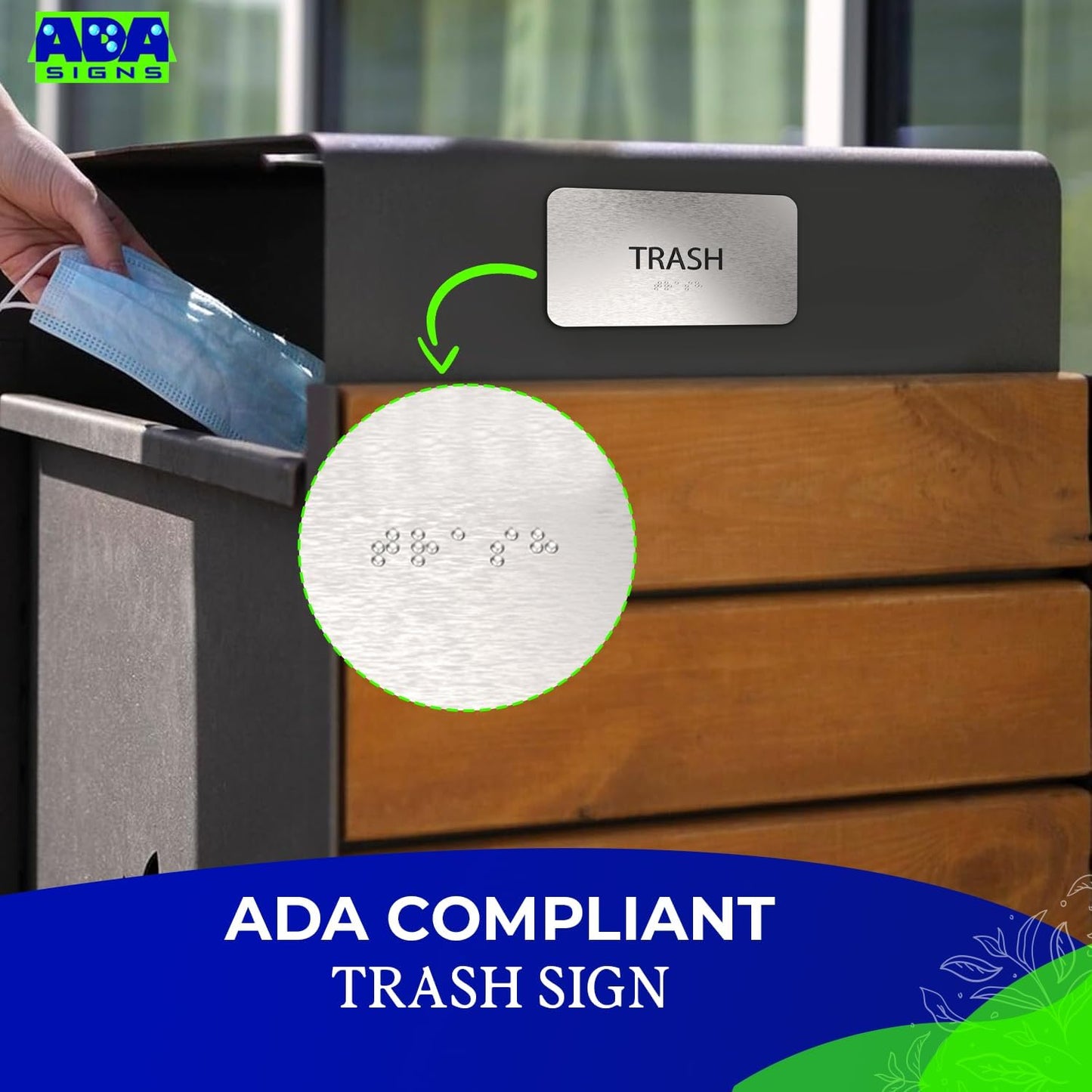 ADASigns Trash Sign 7โx4โ - Durable Brushed Aluminum with Grade 2 Braille - Easy Installation with Strong Adhesive Tape - ADA Compliant Signs for businesses, Restaurants & Retail Stores