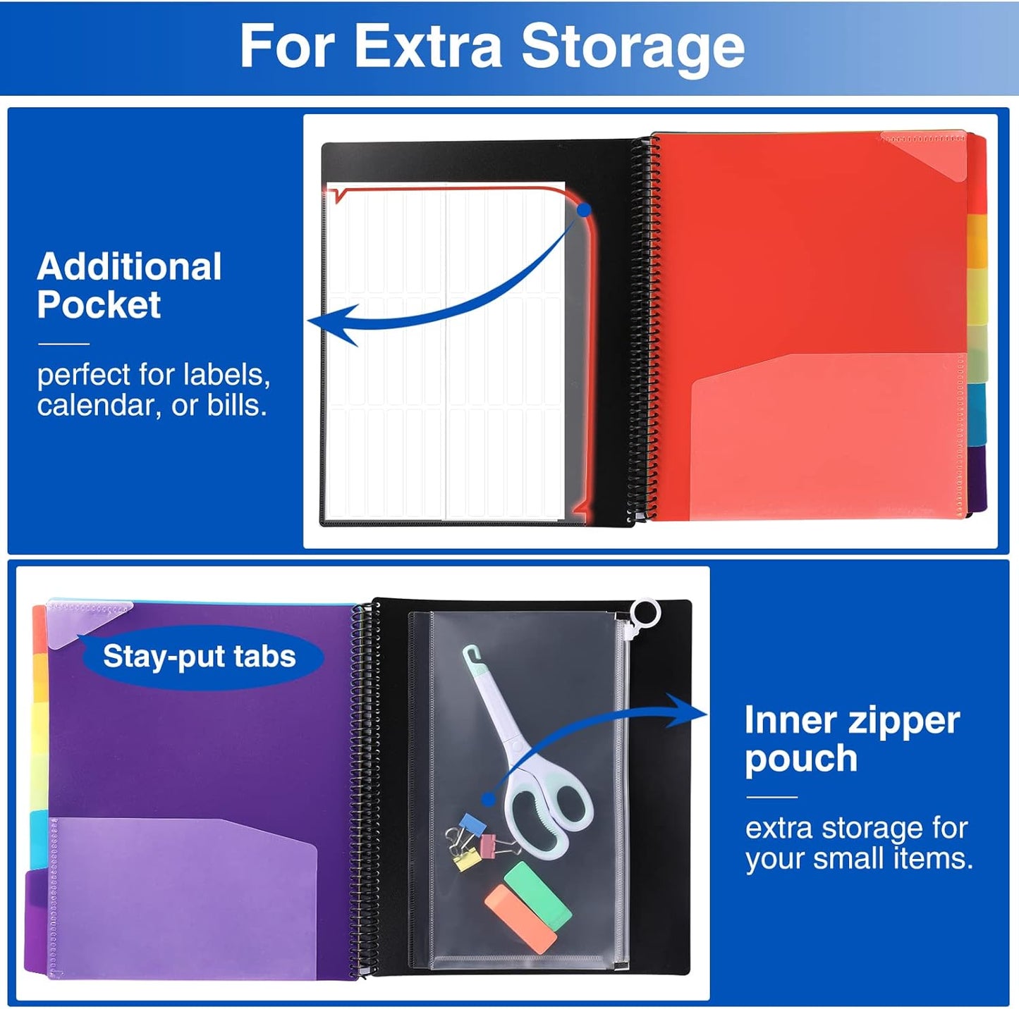 12 Pocket Project Organizer, Forvencer 1/6-cut Tab Binder Organizer with Sticky Labels, Multi Pocket Folder with Zipper Pouch, Folder Binder Spiral Pocket Notebook, Office Supplies, Letter Size, Black