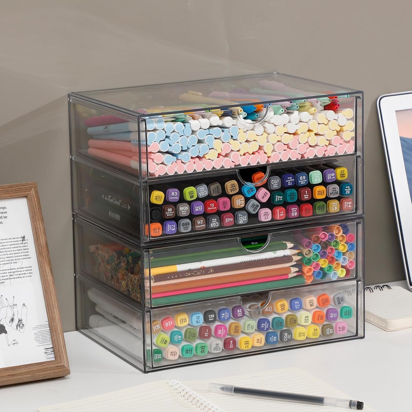 Stackable Storage Drawers, Plastic Storage Bins for Home Office, Bathroom, Kitchen, Pantry, Clear Desk Organizer for Accessories, Marker, Pencils, Books, Art Crafts, Makeup (6 Drawers)