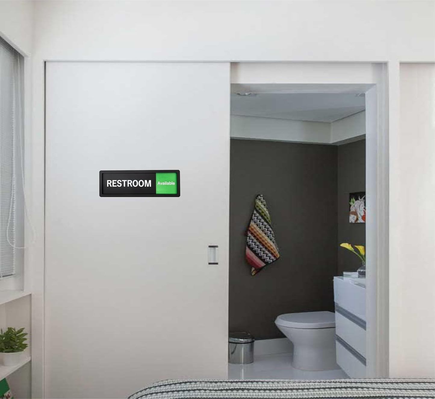 Restroom Sign – In Use / Available Slide Switch Sign ,Premium Durable Acrylic Material, Super Strong Self-Adhesive, Quick Installation, Suitable For Your Home And Business ( 9×3 Inches, Black) (Restroom)