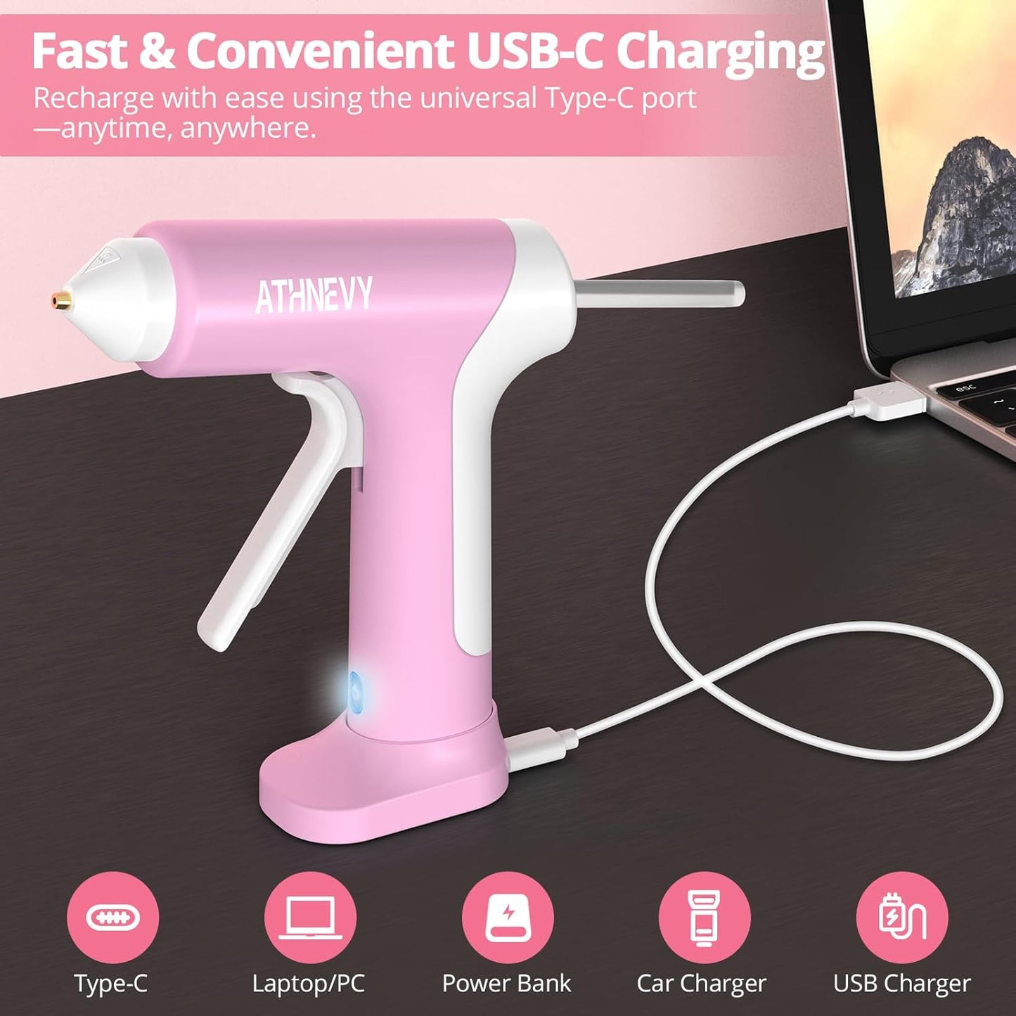 Cordless Hot Glue Gun 4V 20W, 10s Fast Preheat, 30PCS Mini Glue Sticks 7x100mm, Type-C Rechargeable, Anti-Drip, Auto-Off, for DIY Crafts, Repair, Decoration (Pink)