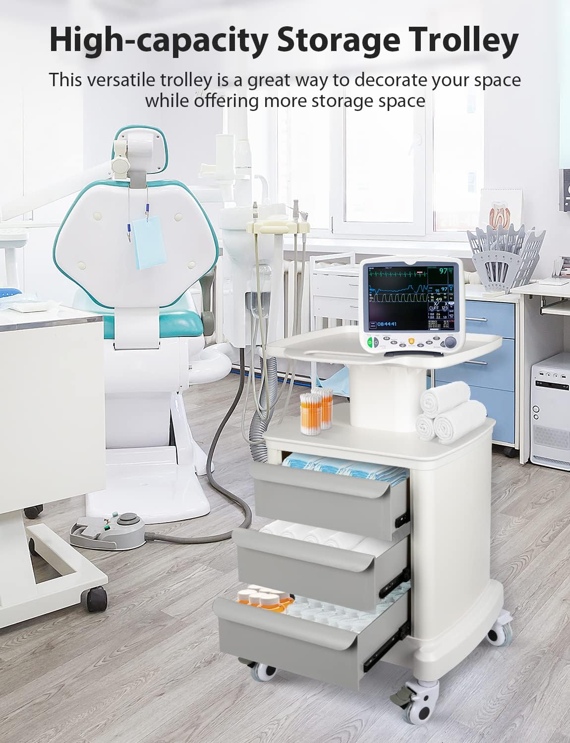 Mobile Trolley Cart for Portable Ultrasound Imaging Scanner Vehicle Trolley Beauty Storage Cart 110 LBS Load with 3 Drawers 4 Wheels for Hospital Office Bedroom Medical Clinic