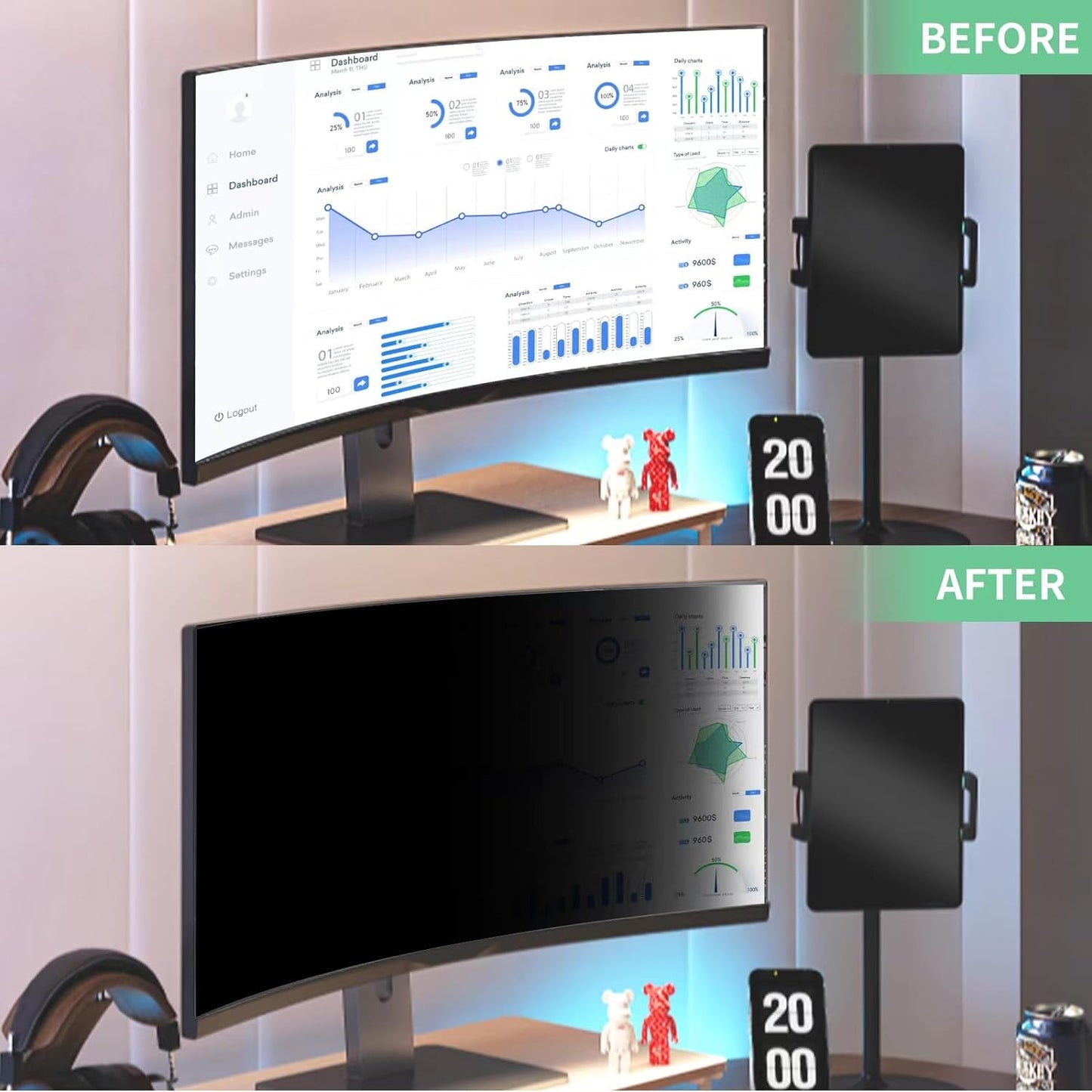 32 Inch Curved Computer Privacy Screen Filter for 16:9 Widescreen Computer Monitor Computer Screen Protector Computer Screen Privacy Shield Anti Glare and Blue Light