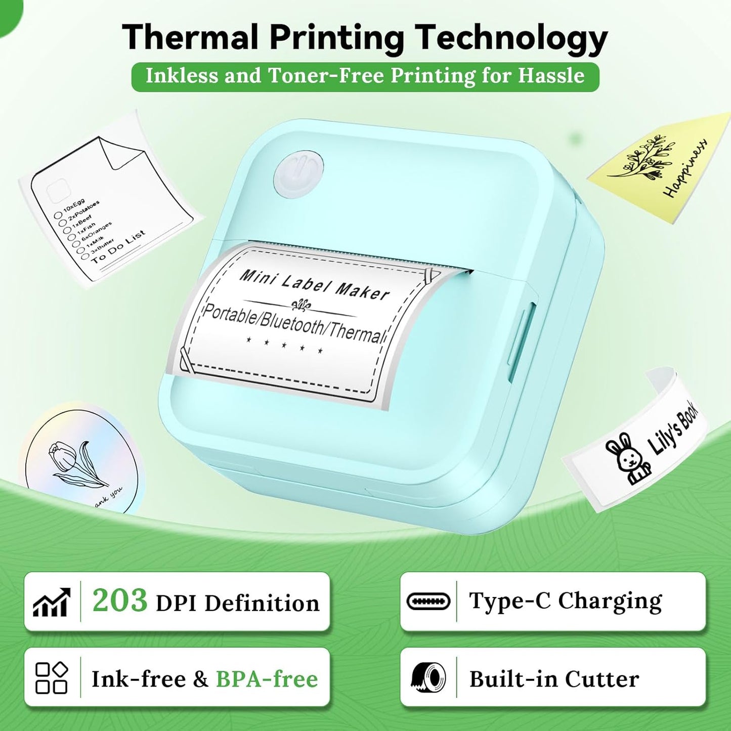 Label Maker Machine with Tape - Mini Sticker Printer Bluetooth Label Printer for Home Office Organization, Portable Thermal Sticker Maker Print Pod with Multiple Templates for Phone (Green)