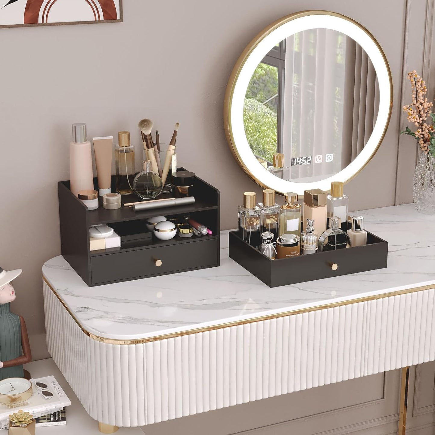 Bamboo Desk Organizer with Drawers Wooden Desktop Storage Organization Box for Bills Office Supplies Kitchen Utensils Organizing Tool for Home Classroom Vanity, No Assembly Required (2 Drawers, Black)