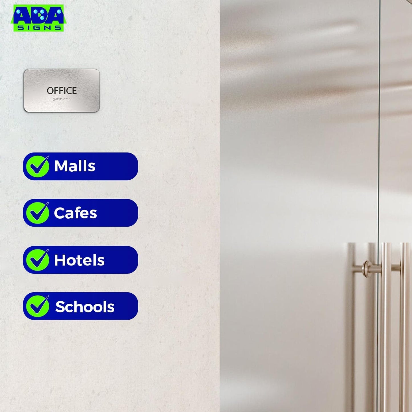 ADASigns Office Sign 7āx4ā - Durable Brushed Aluminum with Grade 2 Braille - Easy Installation with Strong Double Sided Adhesive Tape - ADA Compliant office door signs for Businesses & Offices