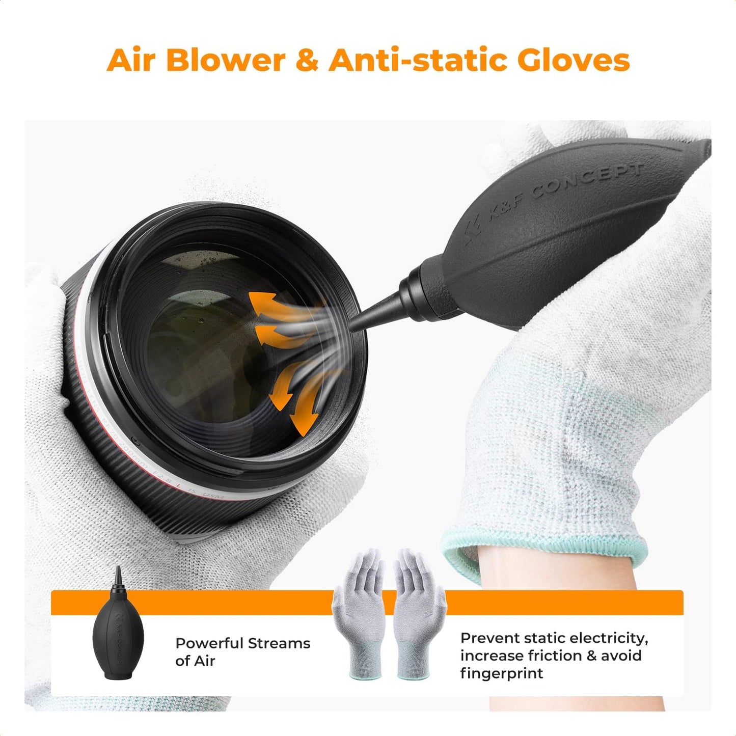 K&F CONCEPT 32-in-1 Camera Lens Cleaning Kit for DSLR Camera Lens Filter with Cleaning Pen+Air Blower+Cleaning Cloth*2+Full-Frame Swab*10+Cleaning Wipes*10+Vacuum Cleaning Cloth*6+Anti-Static Gloves