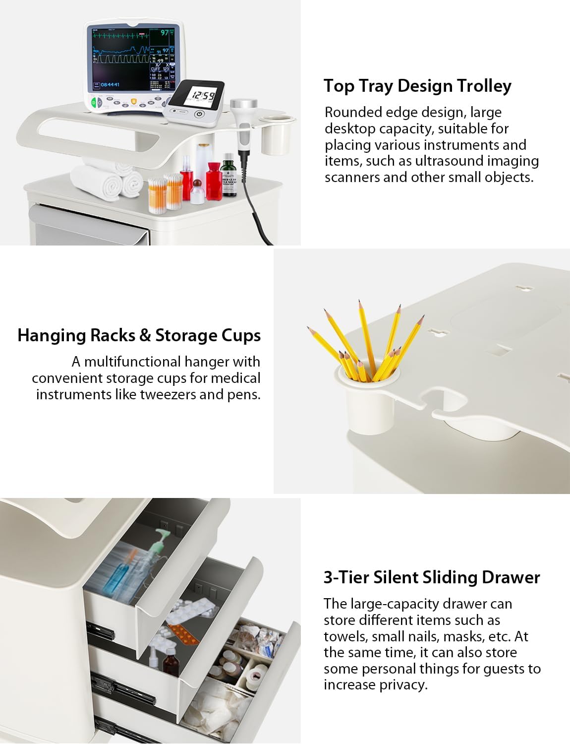 Mobile Ultrasound Trolley Cart Portable Ultrasound Imaging Scanner Vehicle Medical Beauty Storage Cart 110LBS Load with 4 Wheels 2 Brake for Hospital Office Bedroom Medical Clinic