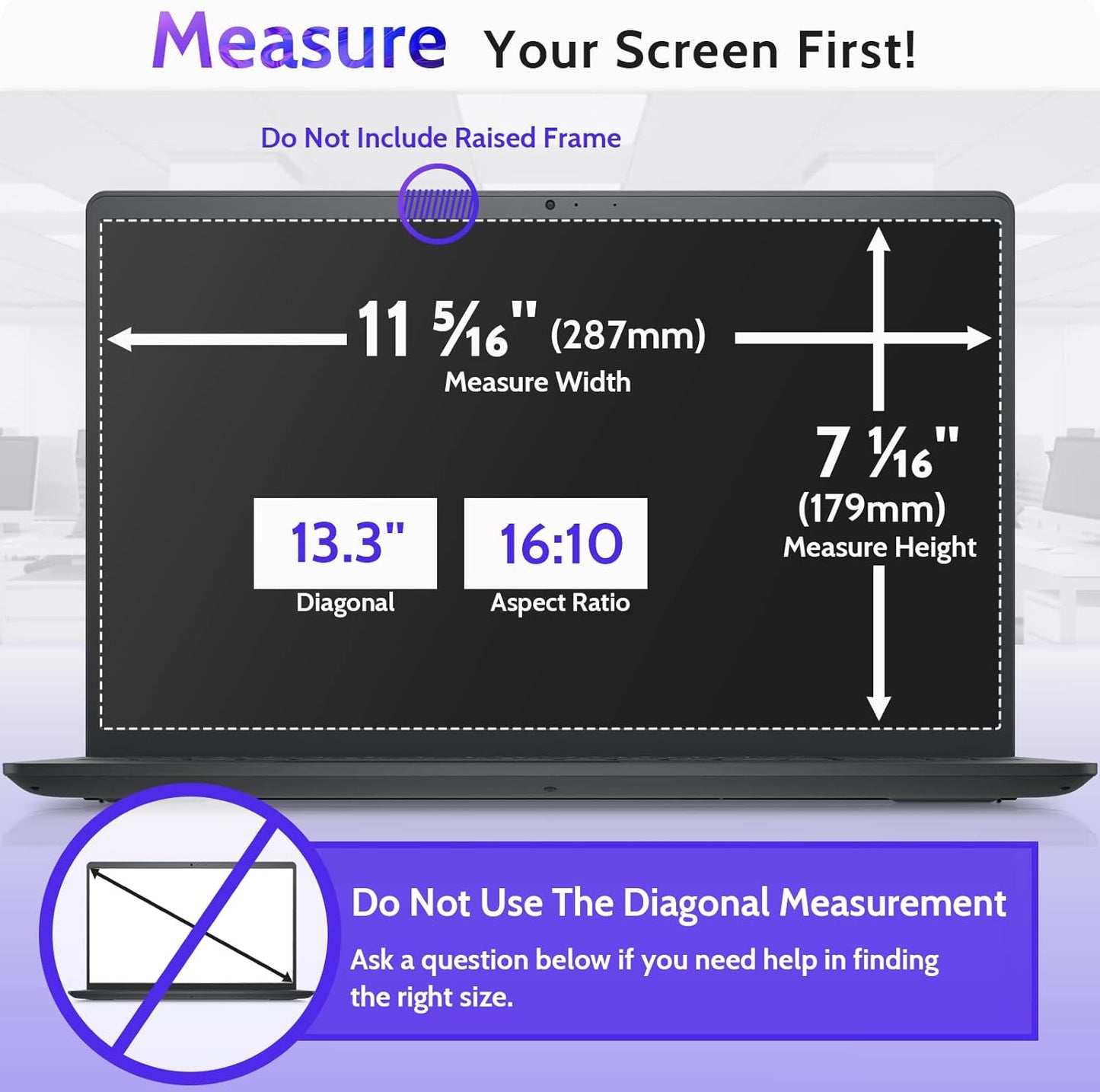 13.3 Inch Laptop Privacy Screen for 16:10 Computer Monitor, Anti Glare Blue Light Filter Protector, Removable 13" Security Shield Compatible with Lenovo Hp Dell Acer Asus Thinkpad Envy Xps