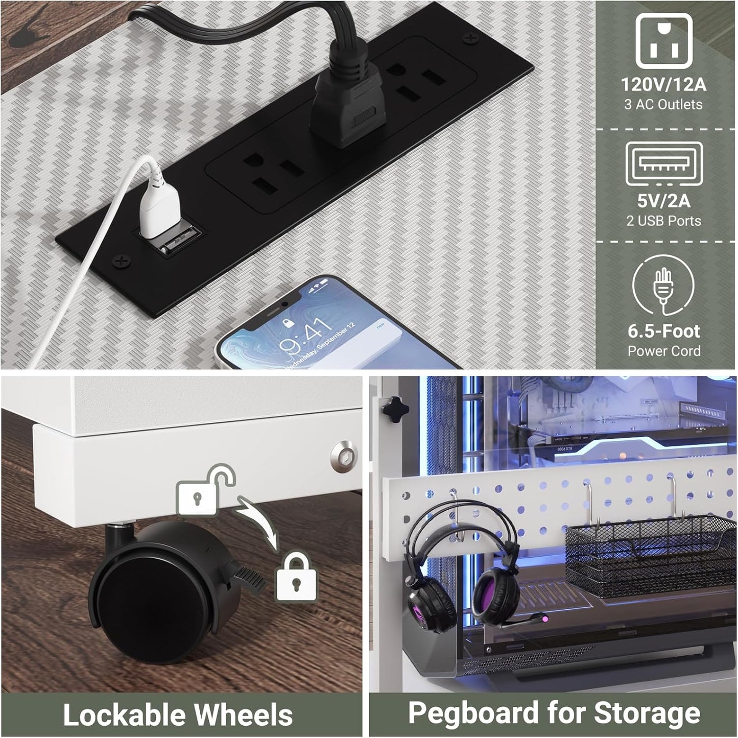 Computer Tower Stand with Power Strips, 4 Levels Manual Height Adjustable PC Tower Stand for Under Desk, Mobile Rolling CPU Holder, Computer Cart with Wheels, 24", Carbon Fiber White