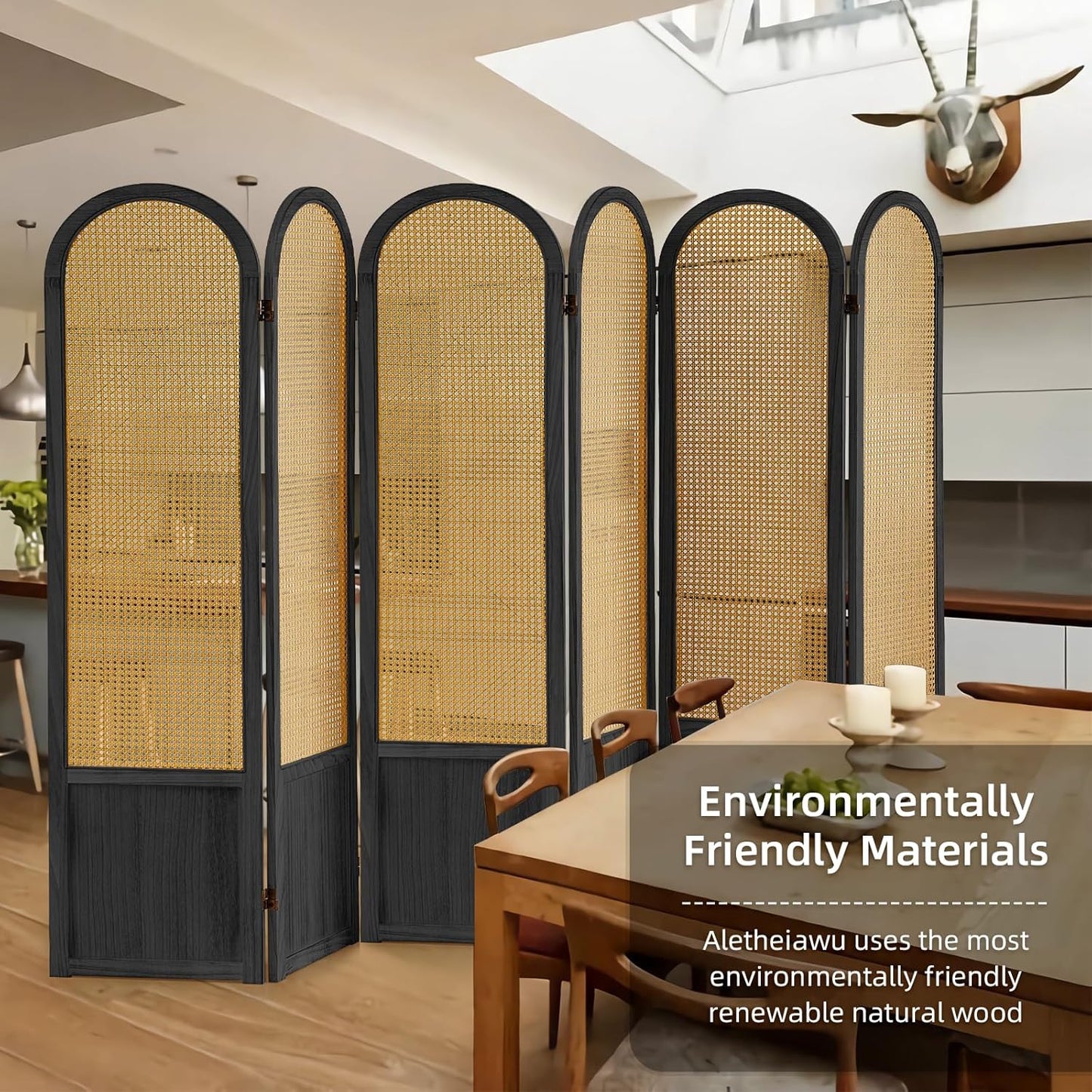6 Panel Room Divider and Folding Privacy Screen, 5.6 Ft Foldable Double Hinged Rattan Partition, Hand-Woven Rattan Room Divider Portable Wood Freestanding Wall Divider for Room Separation - Black