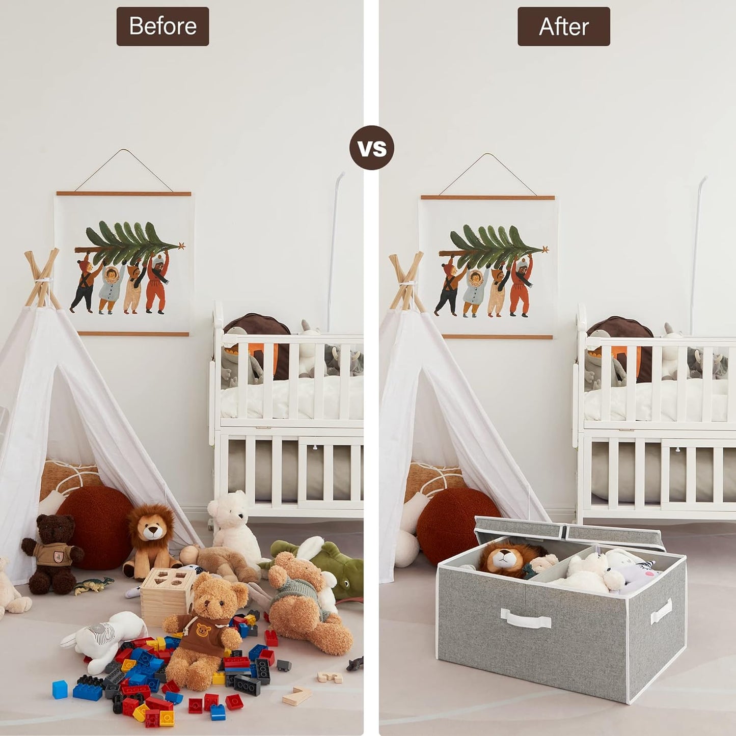 StorageWorks Extra Large Storage Bins with Lids, 55L Decorative Organizer with Divider Board, Fabric Boxes with Handles, Gray, 2-Pack