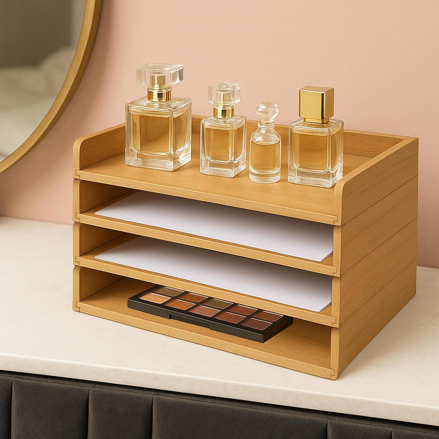 Prolee Stackable Paper Tray,Wooden Paper Organizer for Desk with 4 Letter Trays,Papers Holder and Office Document Organizer Shelf for Mail File Document(Oak,14" x 9.5" x 2.5")