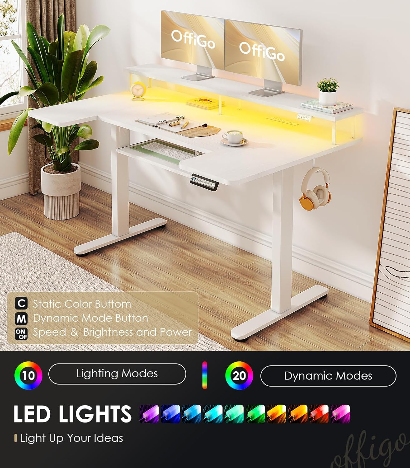 OffiGo U Shaped Electric Standing Desk with Keyboard Tray, 55 Inch Height Adjustable Desk with Power Outlets & LED Lights, Sit Stand Table with Monitor Stand for Home, Office, White