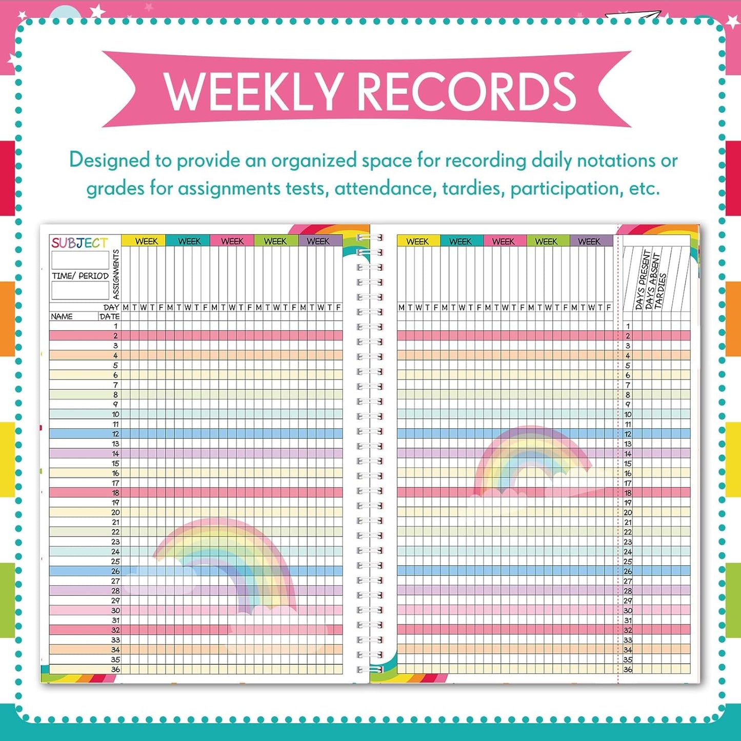 Teacher Record Book Teacher Grade Books 2025-2026 Spiral Bound Record Class Grade Book Office Favors Gift for Classroom Attendance Supplies Decoration Double Sided(Color Rainbow)