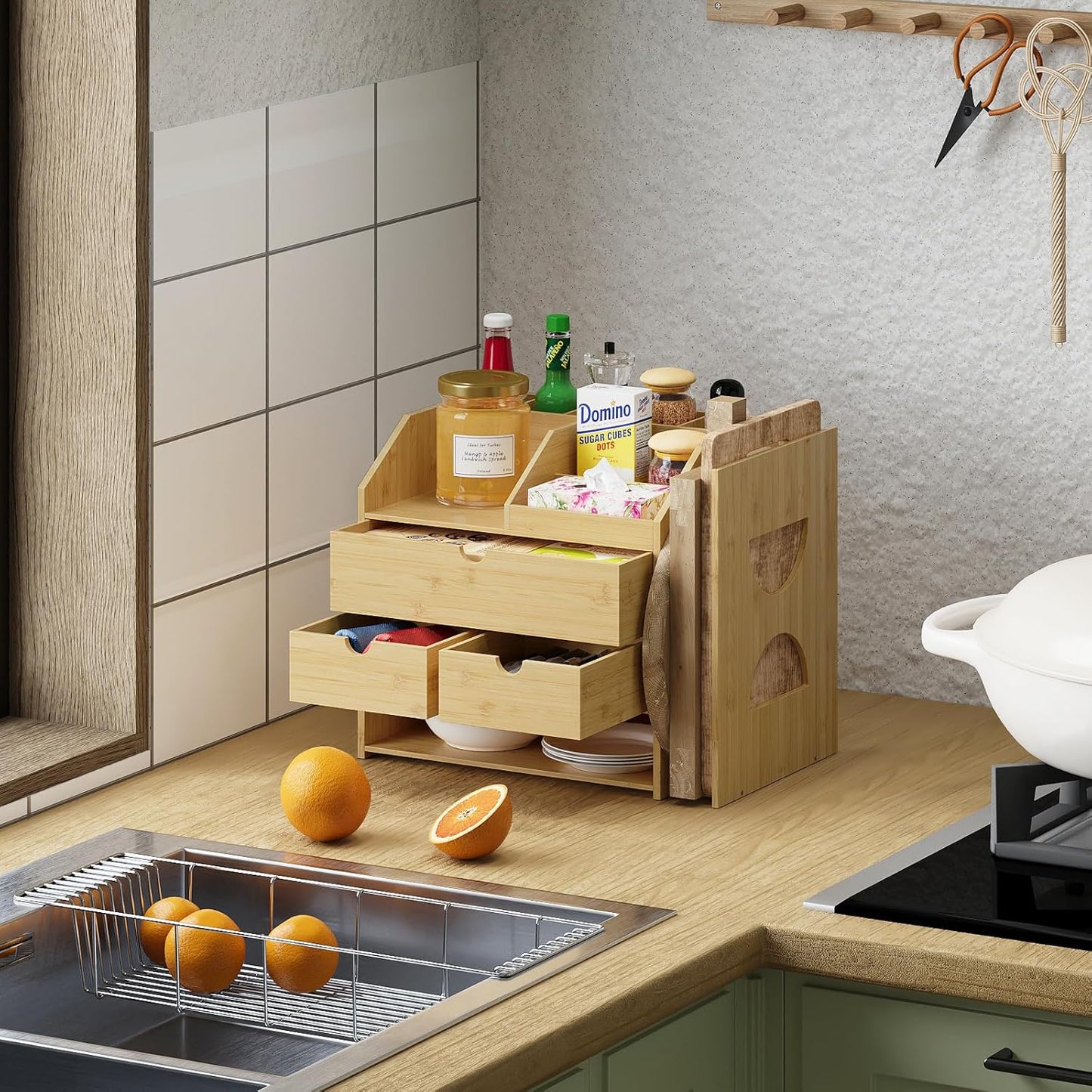 Bamboo Desktop Organizer with 3 Drawers 4 Tier Tabletop Organization Box with Adjustable File Book Holder A4 Full Size Drawer for Office Home