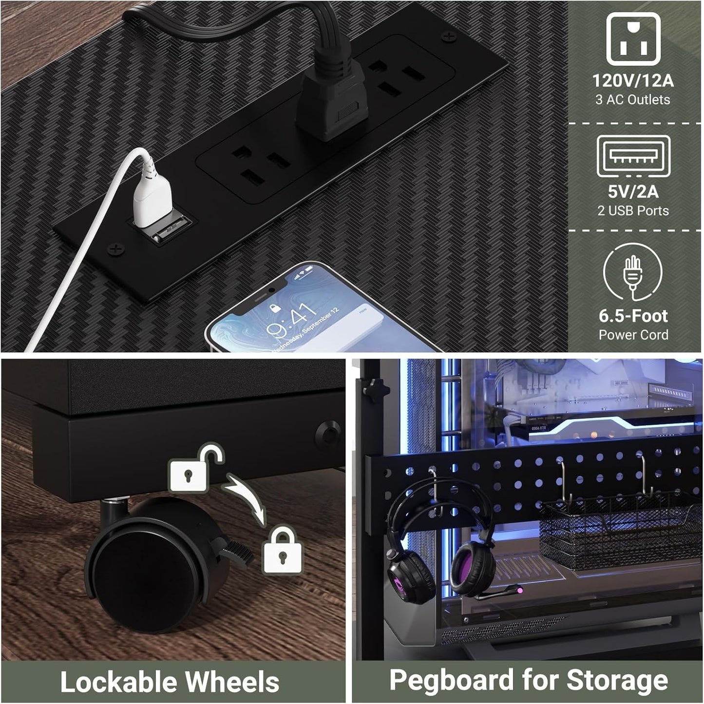 Computer Tower Stand with Power Strips, 4 Levels Manual Height Adjustable PC Tower Stand for Under Desk, Mobile Rolling CPU Holder, Computer Cart with Wheels, 24", Carbon Fiber Black