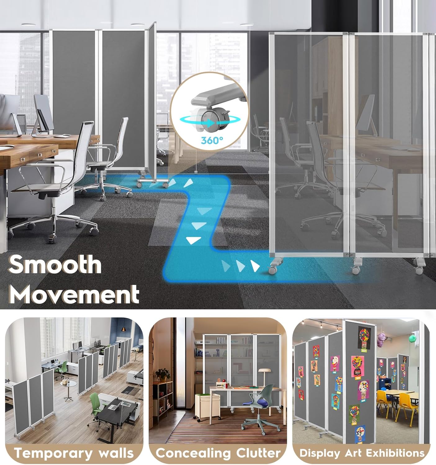 Flodable Wall Partition Sliding Office Dividers Workstation Privacy Panels Freestanding Rolling Screen,Grey Fabric,71" H x 24" W,Locking Wheel