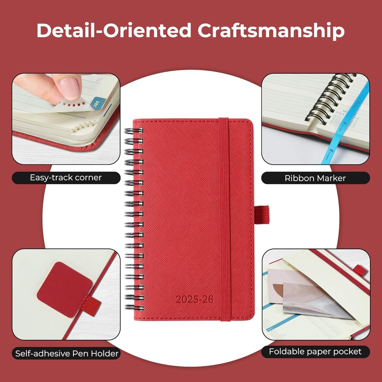 Planner 2025-2026 Daily Weekly and Monthly,6.5"x3.75",18 Months Spiral Bound Calendar Agenda with Self-adhesive Pen Holder,2026 Academic Plan with Vegan Leather Soft Cover,Red