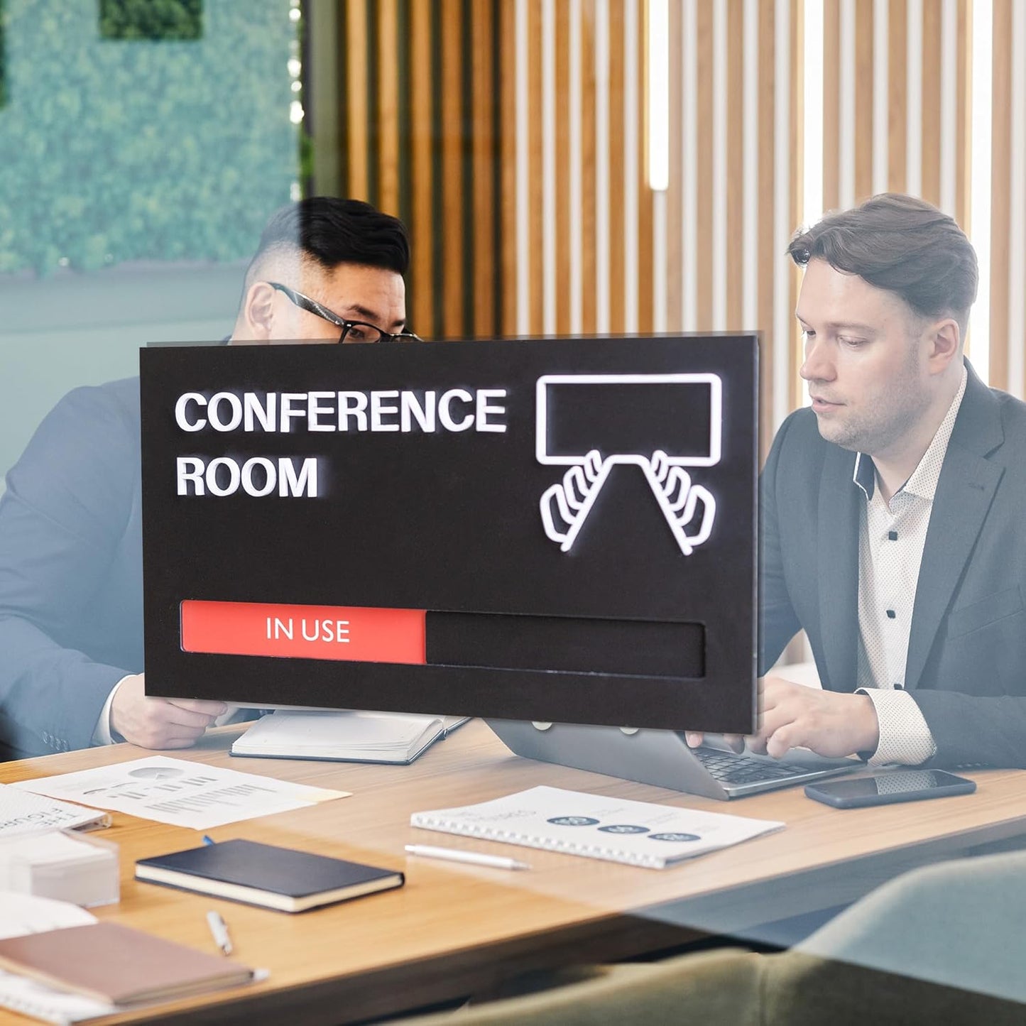 Office Door Signs for Conference Room, Meeting In Progress Door Sign, In Use Available Slider Indicator Tells Whether Room Vacant Or Occupied