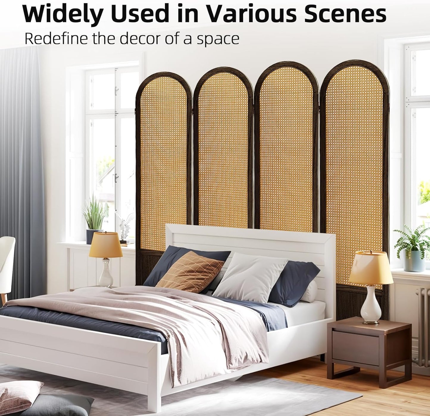 4 Panel Room Divider and Folding Privacy Screen, 5.6 Ft Foldable Double Hinged Rattan Partition, Hand-Woven Rattan Room Divider Portable Wood Freestanding Wall Divider for Room Separation - Brown