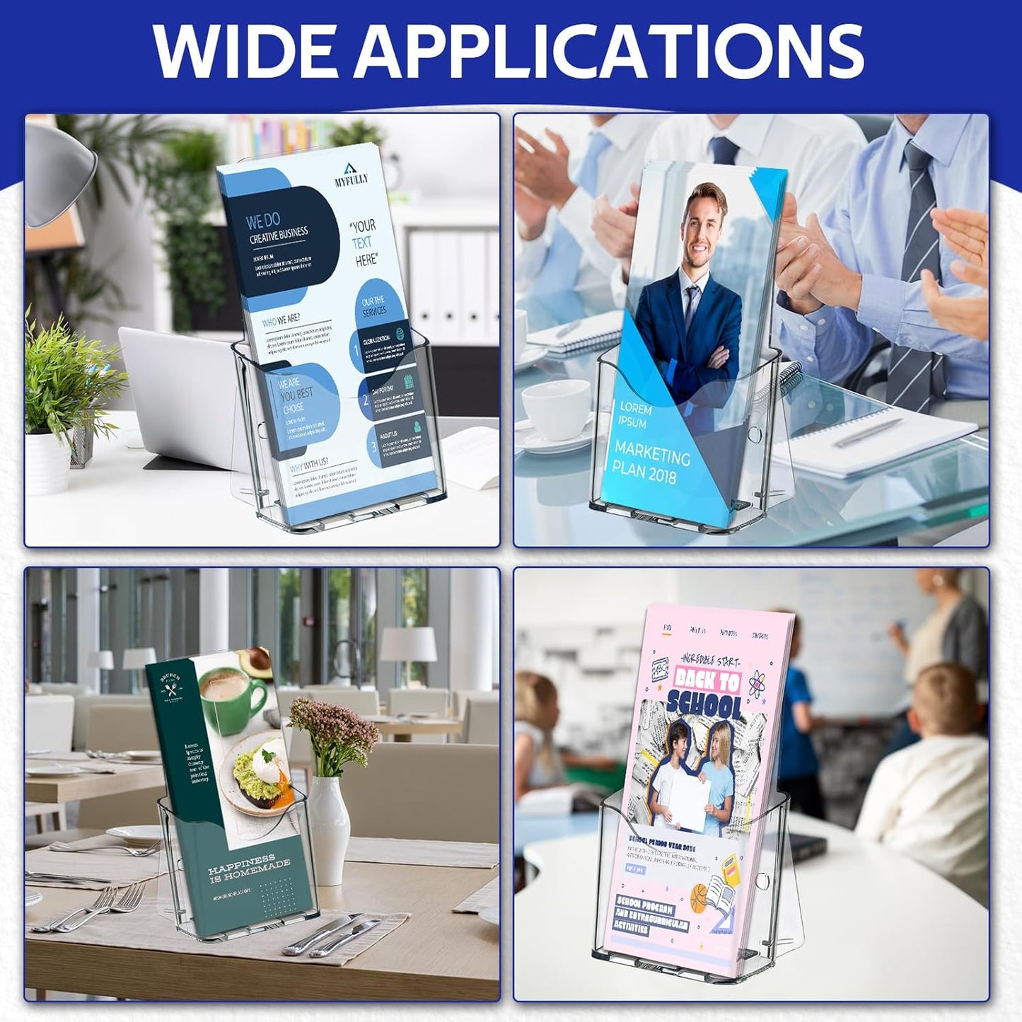 MYFULLY Acrylic Brochure Holder 4 x 7.9 Inches, 10 Pack Clear Plastic Trifold Pamphlet Holders, Wall Mount or Countertop Literature Display Rack Stand for Flyers, Booklets, Menus, Magazines, Leaflets