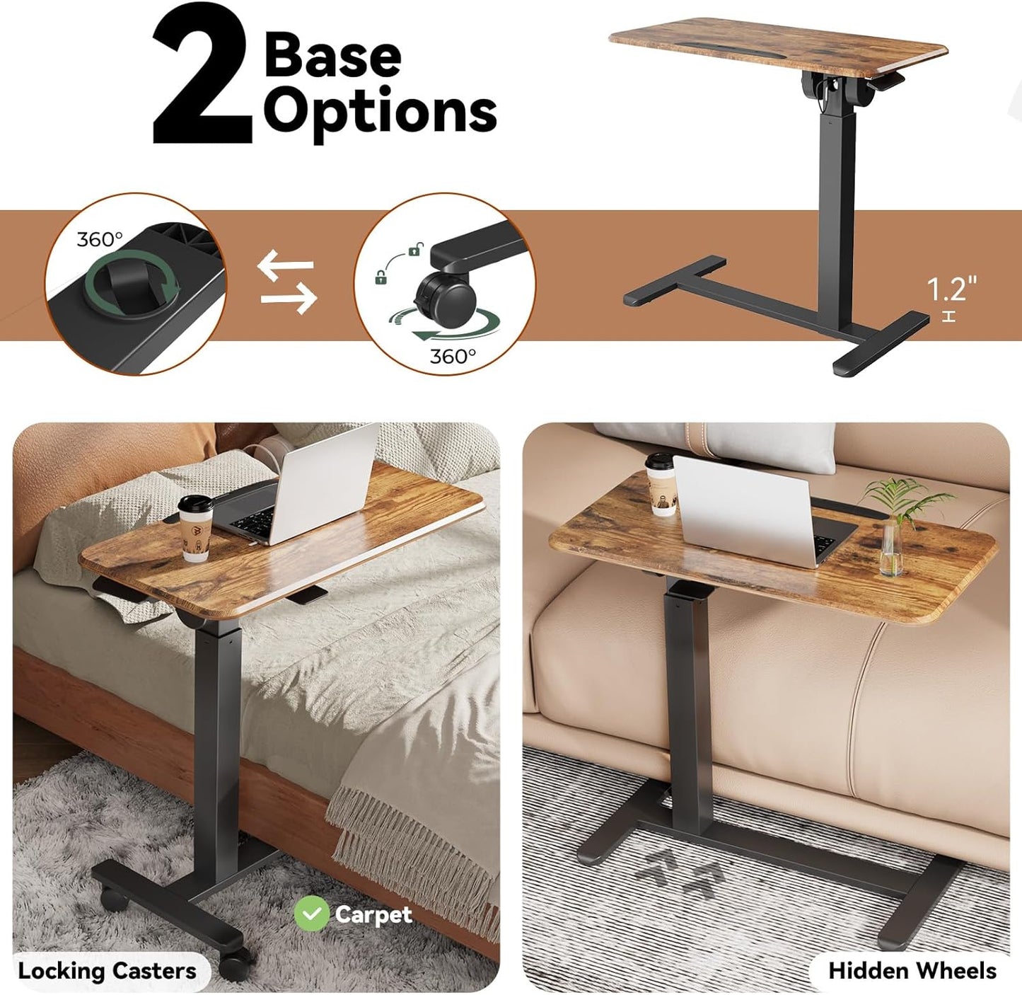 Mobile Standing Desk, Height Adjustable Left/Right Overbed Bedside Table, 90° Tiltable Portable Laptop Desk with Wheels, Foldable Computer Cart for Hospital Home Use, Rustic Brown