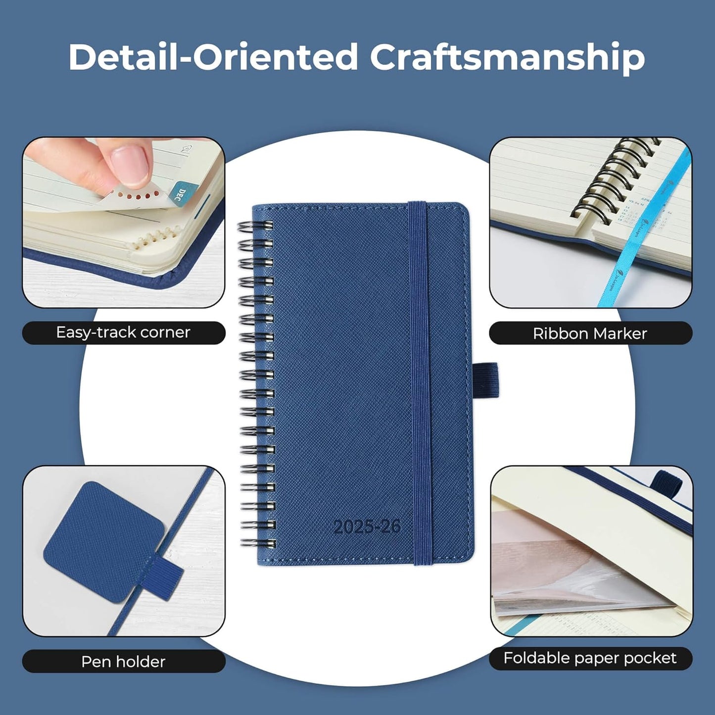 Planner 2025-2026 Daily Weekly and Monthly,6.5"x3.75",18 Months Spiral Bound Calendar Agenda with Self-adhesive Pen Holder,2026 Academic Plan with Vegan Leather Soft Cover,Blue