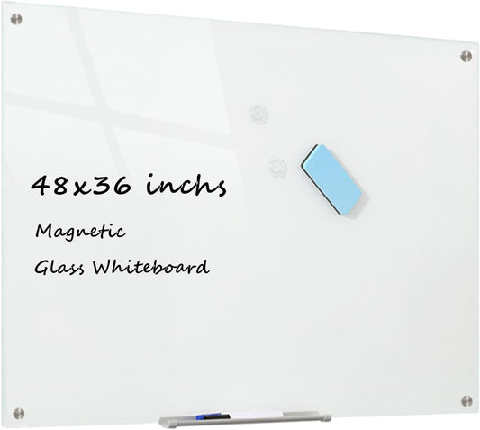Glass Whiteboard Magnetic Dry Erase Board 48 x 36 Inches, Wall Mounted Glass White Board for Office School Home.