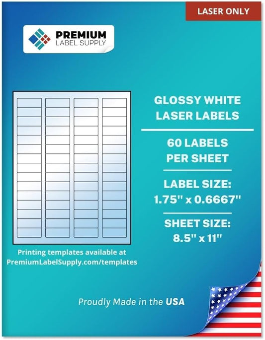 Premium Label Supply Glossy White Sticker Return Address Labels – 1.75" x 0.6667" – (60 per Sheet) (Glossy White for Laser Only, 6,000 Labels)