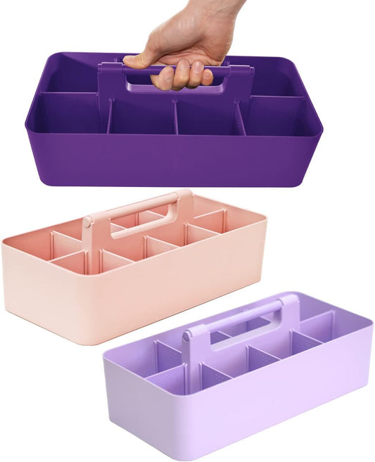 -Large Portable Caddy, DIY Dividers, 8 Compartments, School Office Supplies Home Business Portable Basket with Handle Storage Made in USA (3 PACK, Royal Purple/Lavender/Pink)