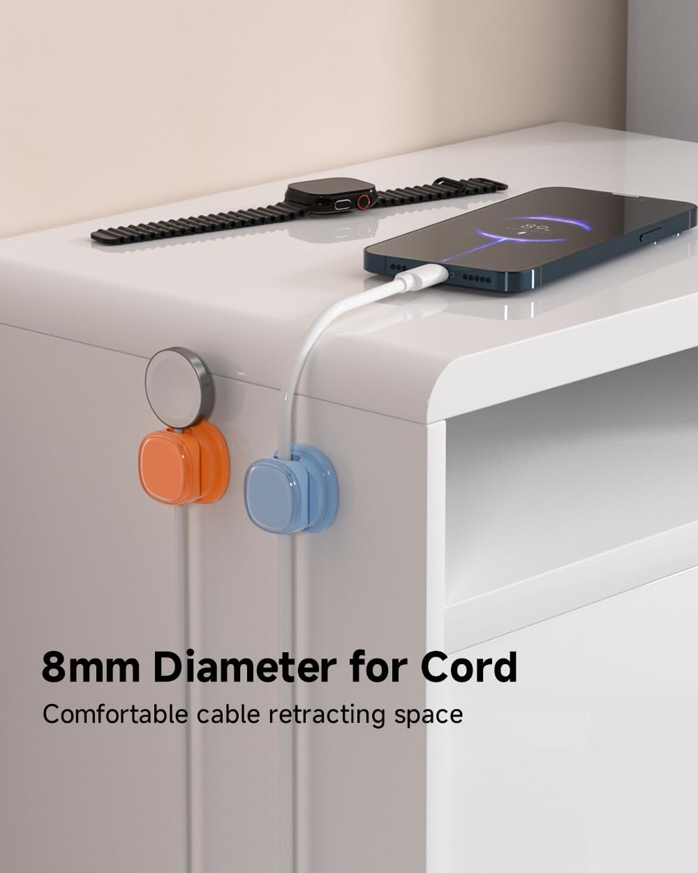 9 Pack Cord Organizer, Spring Cable Management, Adhesive Cute Cable Holder Clips, Phone Charger Wire Keeper for Desk Nightstand Car Office (9-Pack White_Orange_Blue)