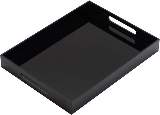 Glossy Black Sturdy Acrylic Serving Tray with Handles - 10x15 Inch, Coffee, Appetizer, Breakfast Tray - Butler, Kitchen to Vanity Table, Decorative