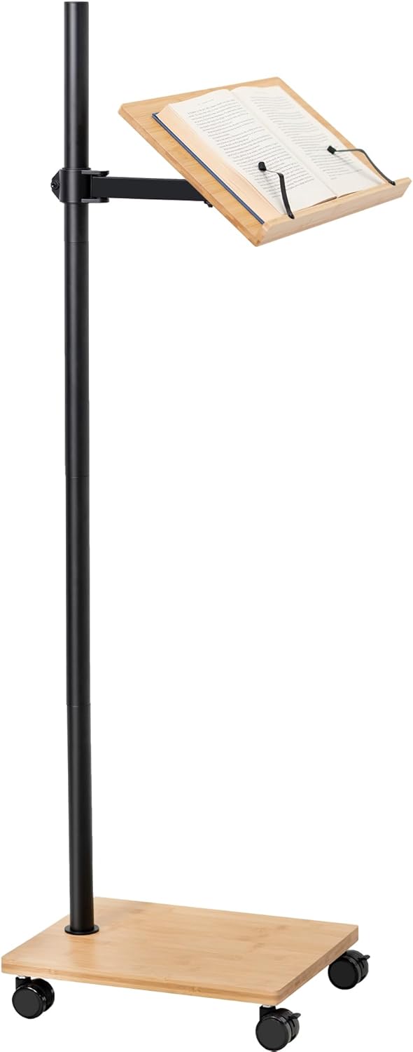 VIVO Mobile 16 inch Mobile Podium Reading Stand, Portable Rolling Book Holder, Real Bamboo Surfaces and Black Pole, CART-BK01B