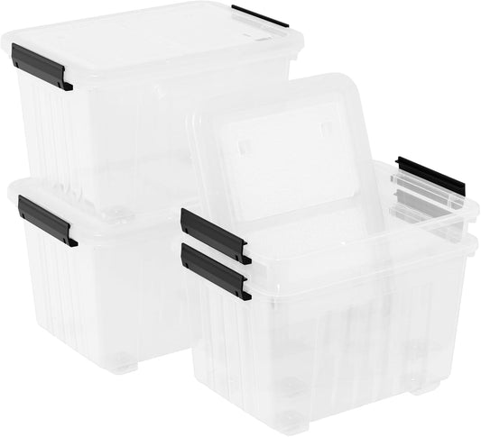 4-Pack 50 Quarts Plastic Box with Lids, Large Clear Latch Storage Tote, Stackable Bin with Wheels