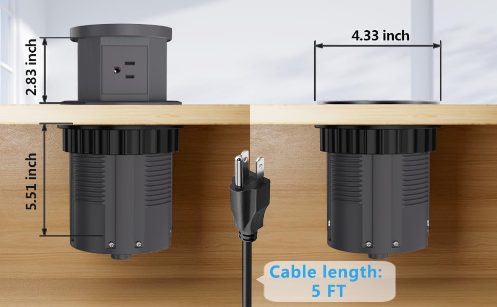 Automatic Pop Up Outlet, 4.33 inch Pop Up Outlet for Countertop with 15W Wireless Charger 3 AC Plug 1 USB-A 1 USB-C Hidden Outlet 5 FT Cord for for Kitchen/Home/Office (Grey)